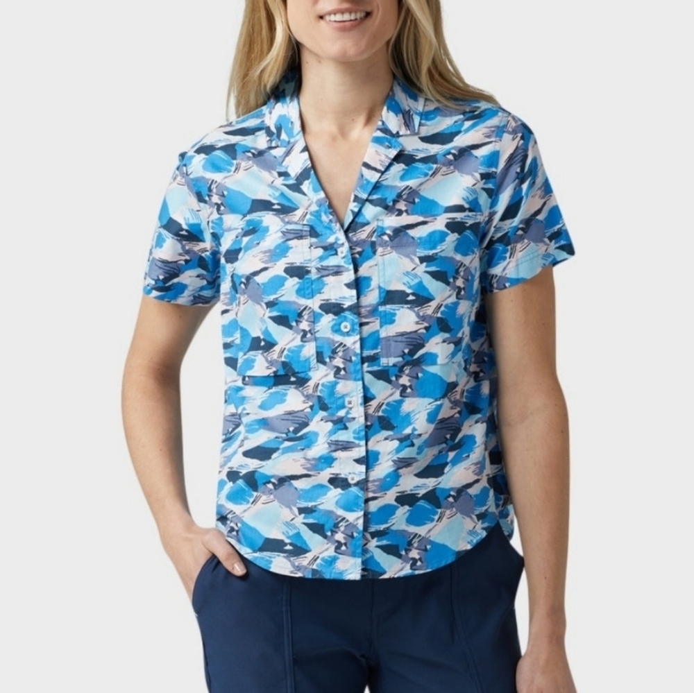 Stio Marion Printed Camp Shirt Short Sleeve Open Vista Brush Stroke Camo blue